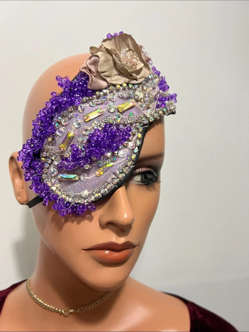 Purple Beaded Decorative Sleep Mask with Champagne Flower Accent